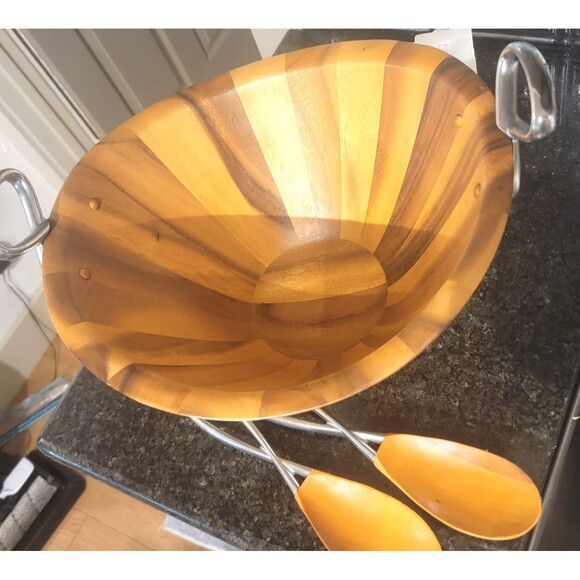 Luxury Nambe Acacia Wood Large Salad Serving Bowl Fork & Spoon Silver Accents - Picture 4 of 16
